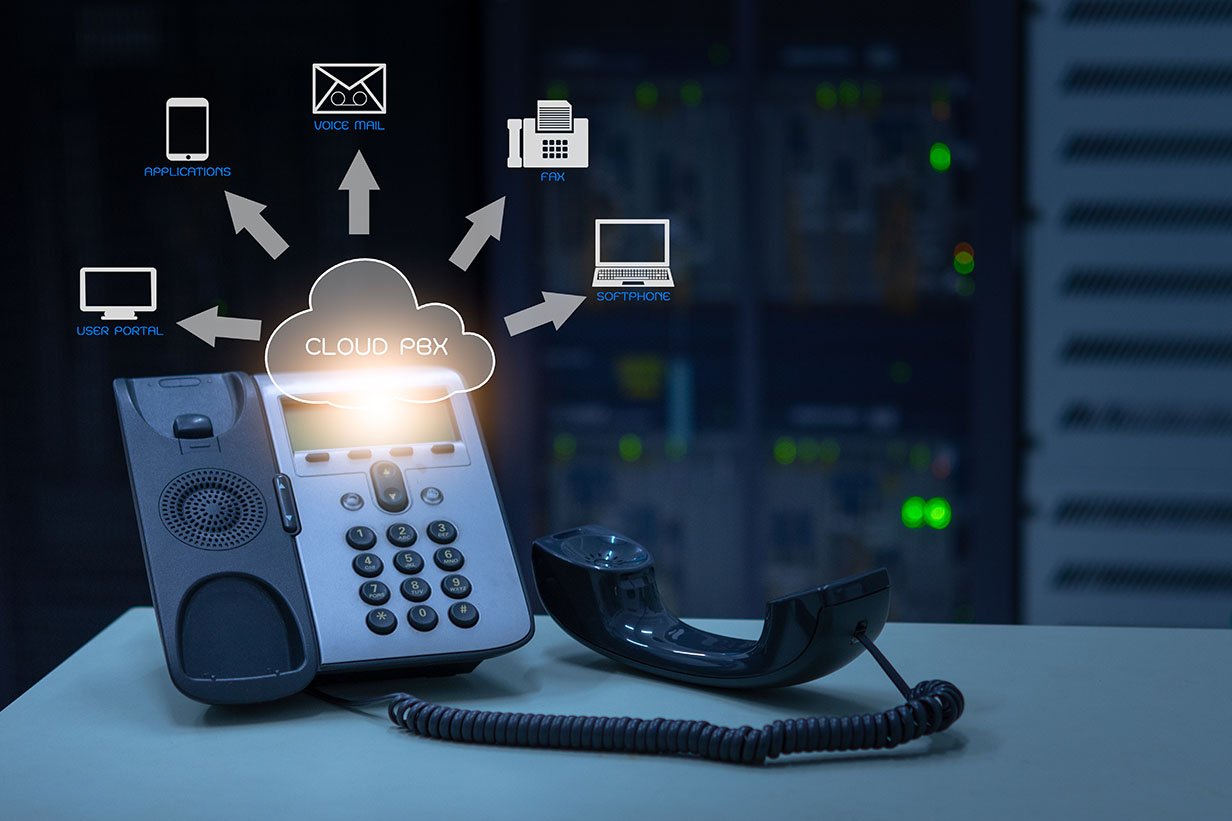 IP Telephony cloud pbx concept, telephone device with illustration icon of voip services and networking data center on background